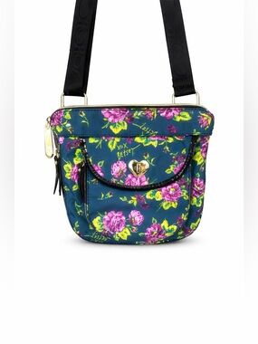 BETSEY JOHNSON Women’s Purple Lime Teal Floral Zip Expandable Crossbody Bag